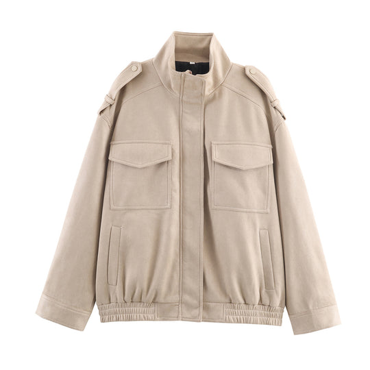 Damen modische Utility-Jacke mit hohem Kragen und praktischen Taschen R&B