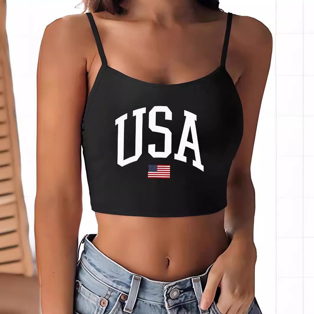Damen Crop-Top mit motivierendem Statementdruck und feinen Spaghettiträgern R&B