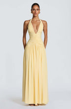 Damen Elegantes Maxikleid mit halterlosem Ausschnitt und raffiniertem Faltenwurf EB