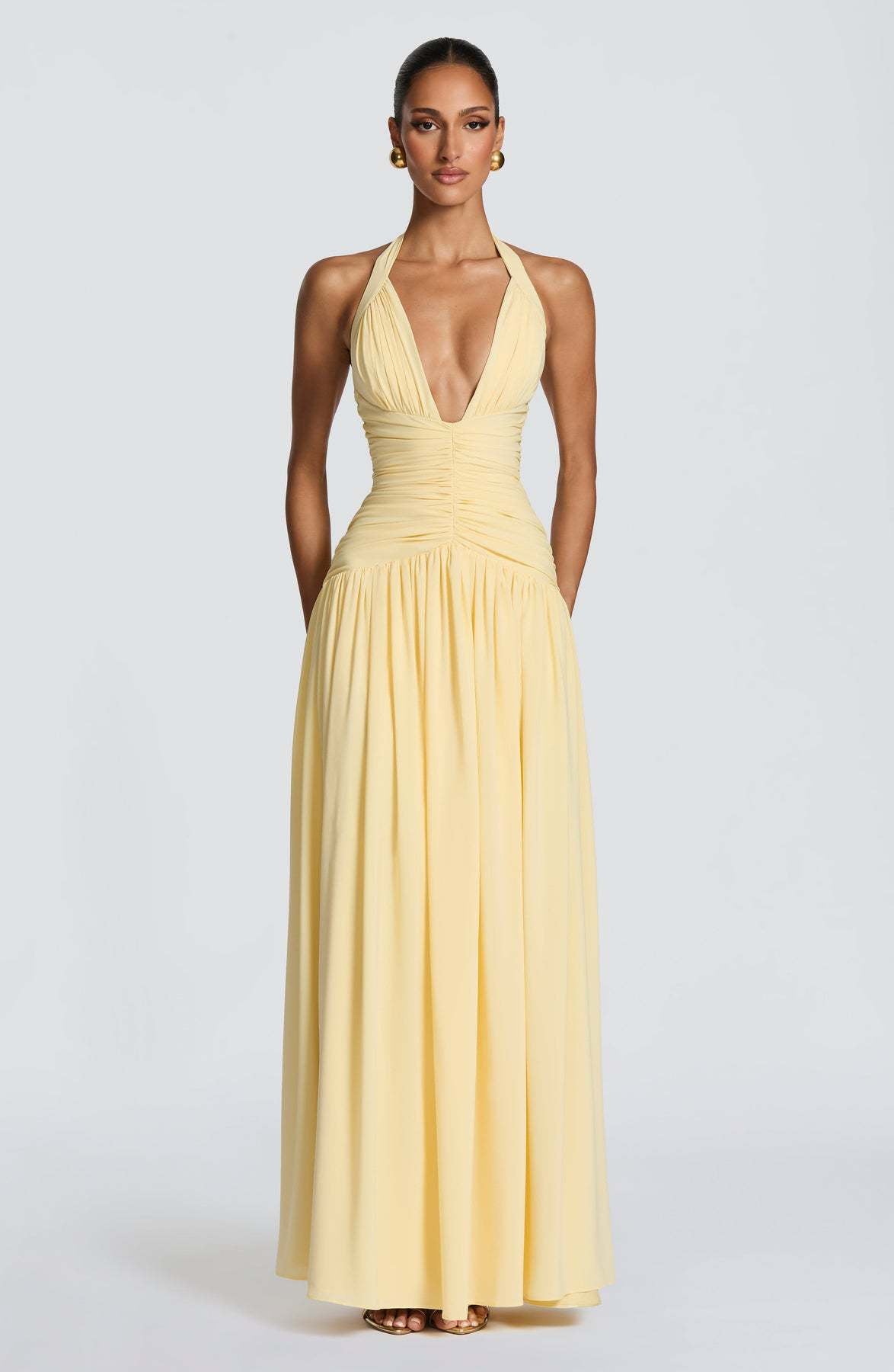 Damen Elegantes Maxikleid mit halterlosem Ausschnitt und raffiniertem Faltenwurf EB