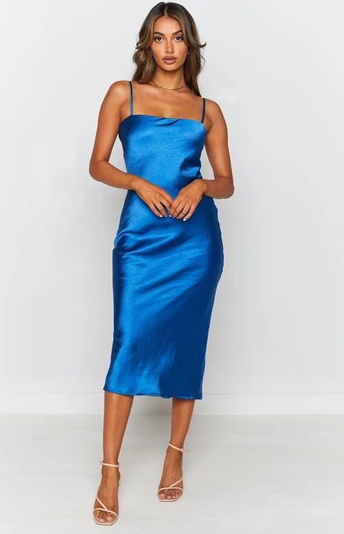 Damen Satin-Midikleid mit schmalen Spaghettiträgern und elegantem Schnitt R&B
