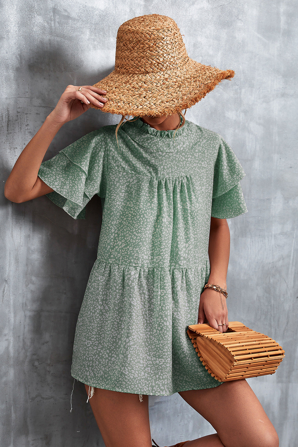 Damen luftiges Freizeitkleid mit voluminösen Rüschen und hohem Stehkragen R&B