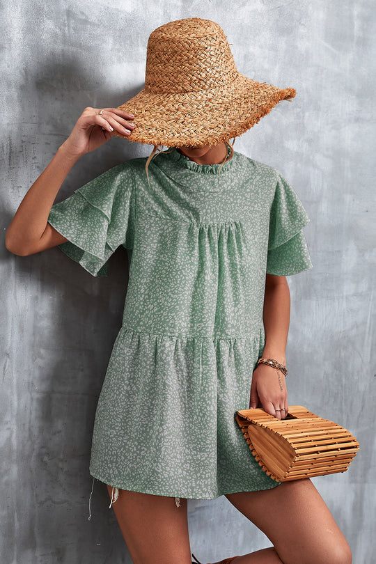 Damen luftiges Freizeitkleid mit voluminösen Rüschen und hohem Stehkragen R&B