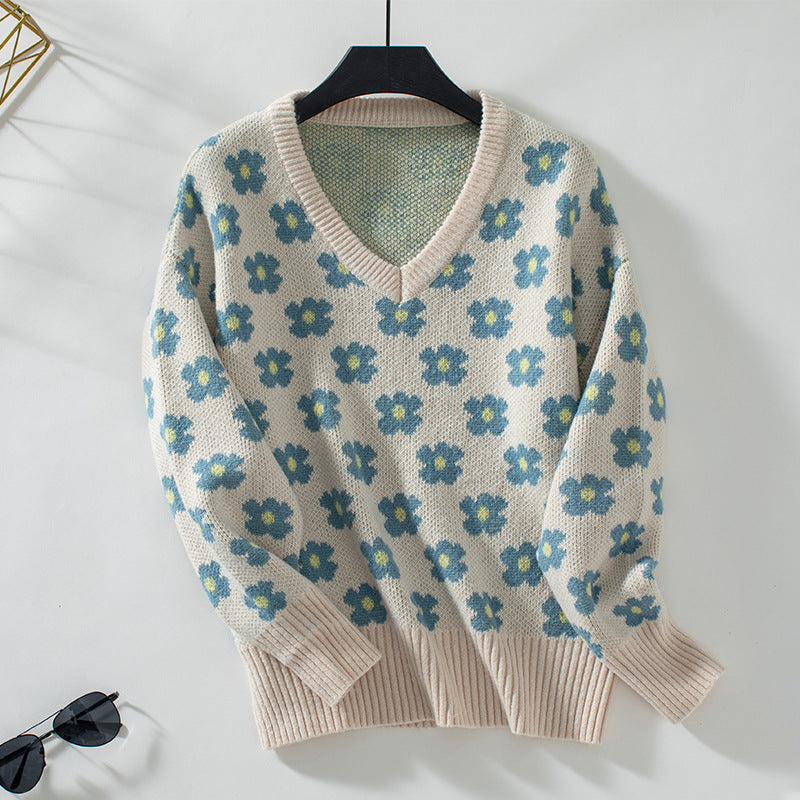 Damen Strickpullover mit floralem Muster und V-Ausschnitt R&B