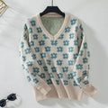 Damen Strickpullover mit floralem Muster und V-Ausschnitt