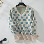 Damen Strickpullover mit floralem Muster und V-Ausschnitt