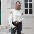 Damen Cropped Pullover mit offener Schulter und Rippstrickmuster R&B