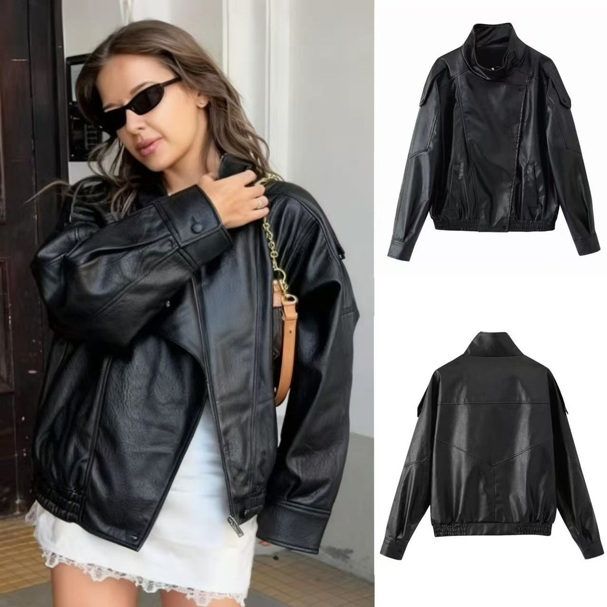 Unisex nan weite Bikerstil Kunstlederjacke mit Stehkragen und elastischem Saum R&B