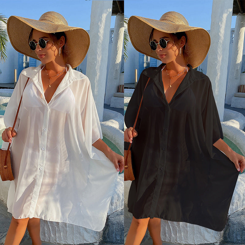 Damen Strandhemd mit transparentem Stoff und klassischem Hemdkragen Heidi Mode