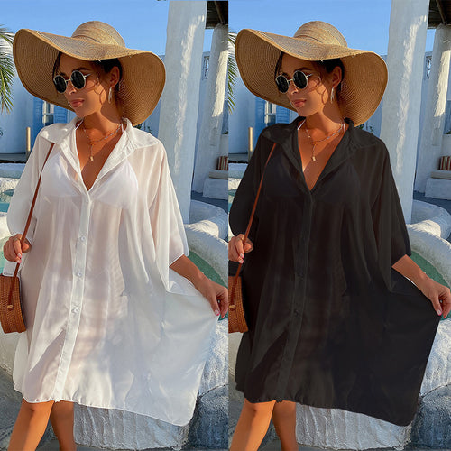 Damen Strandhemd mit transparentem Stoff und klassischem Hemdkragen Heidi Mode