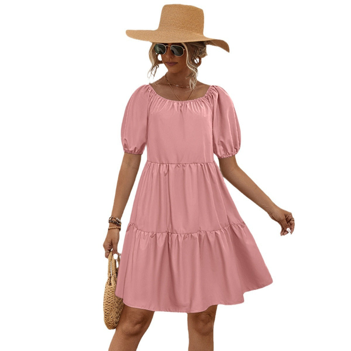Damen Freizeitkleid mit voluminösen Puffärmeln und schwingendem Rock R&B