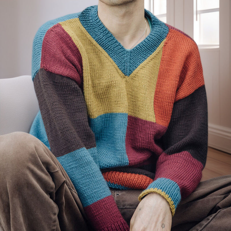 Herren gemusterter Pullover mit Farbblockdesign und modernem V-Ausschnitt R&B