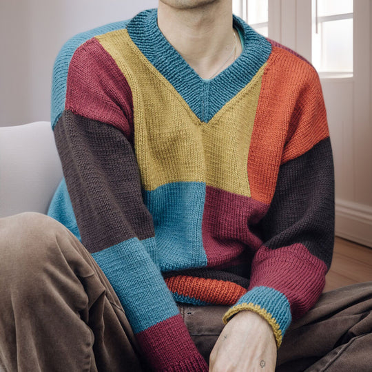 Herren gemusterter Pullover mit Farbblockdesign und modernem V-Ausschnitt R&B