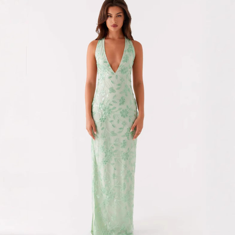 Damen Elegantes Langarmkleid mit floralem Spitzenüberzug und tiefem V-Ausschnitt R&B