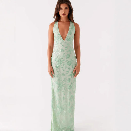 Damen Elegantes Maxikleid mit tiefem V-Ausschnitt und floralen Stickereien R&B