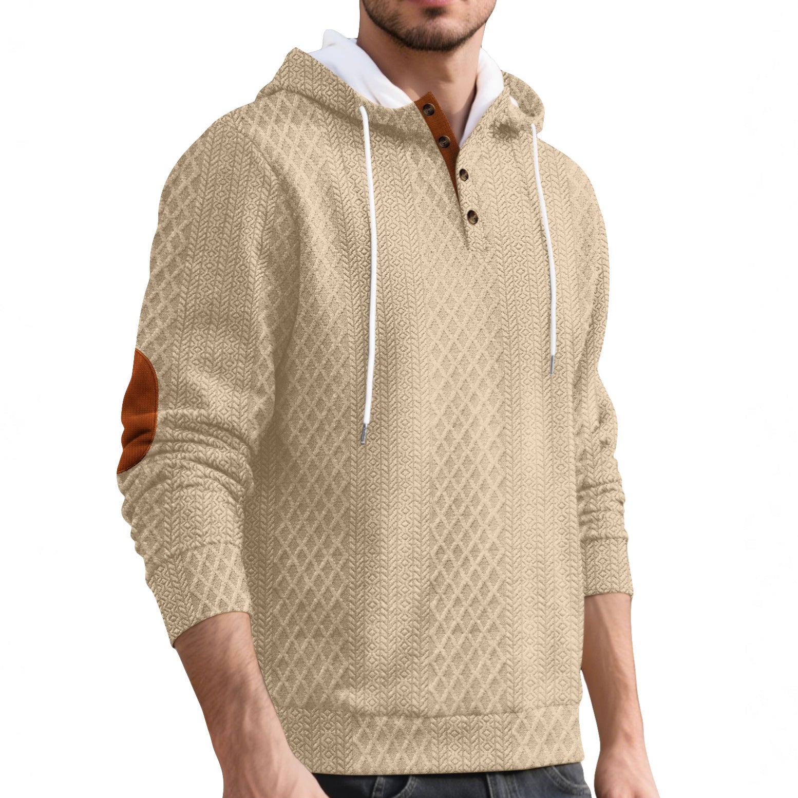 Herren nan Diamond-Struktur Kapuzenpullover mit Kurzknopfleiste, gesteppter Kapuzeninnenkante und Wildleder-Ellbogenpatch R&B
