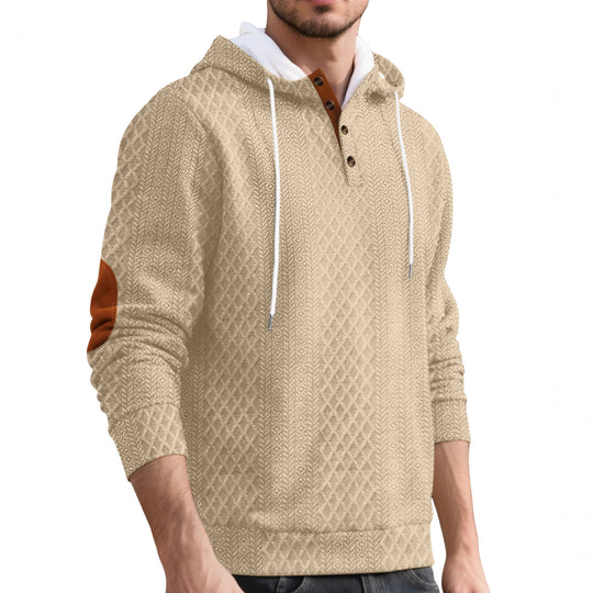Herren nan Diamond-Struktur Kapuzenpullover mit Kurzknopfleiste, gesteppter Kapuzeninnenkante und Wildleder-Ellbogenpatch R&B