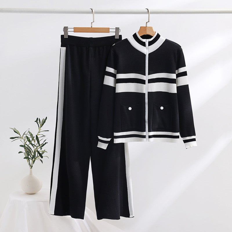 Damen sportliches Strick-Loungewear-Set mit geripptem Design und praktischen Taschen R&B