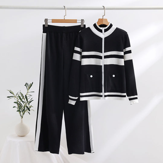 Damen sportliches Strick-Loungewear-Set mit geripptem Design und praktischen Taschen R&B
