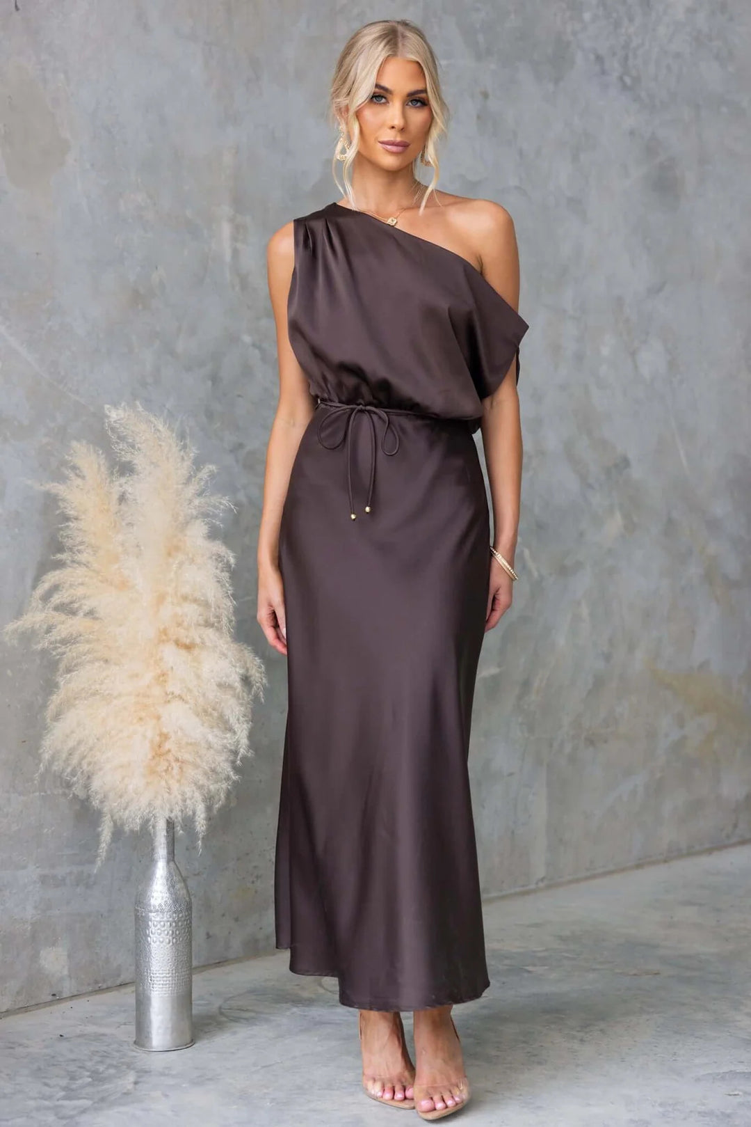 Damen Maxi-Kleid mit schulterfreiem Design und elastischem Taillenbund R&B