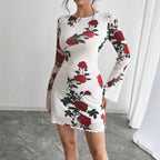 Damen nan figurbetontes Minikleid mit Rosenmuster und Trompetenärmeln R&B