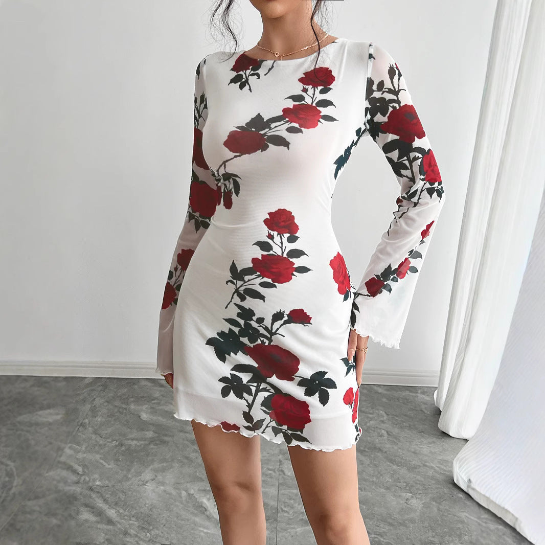 Damen nan figurbetontes Minikleid mit Rosenmuster und Trompetenärmeln R&B