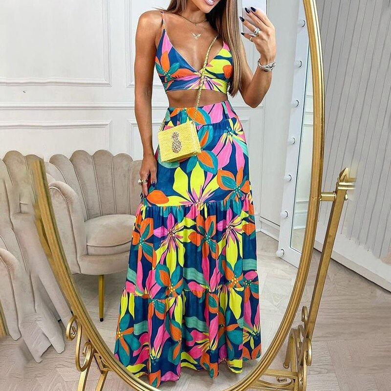 Damen Maxikleid mit floralem Design und verziertem V-Ausschnitt R&B