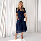 Damen Midi-Kleid mit grafischem Auschnitt und Puffärmeln R&B