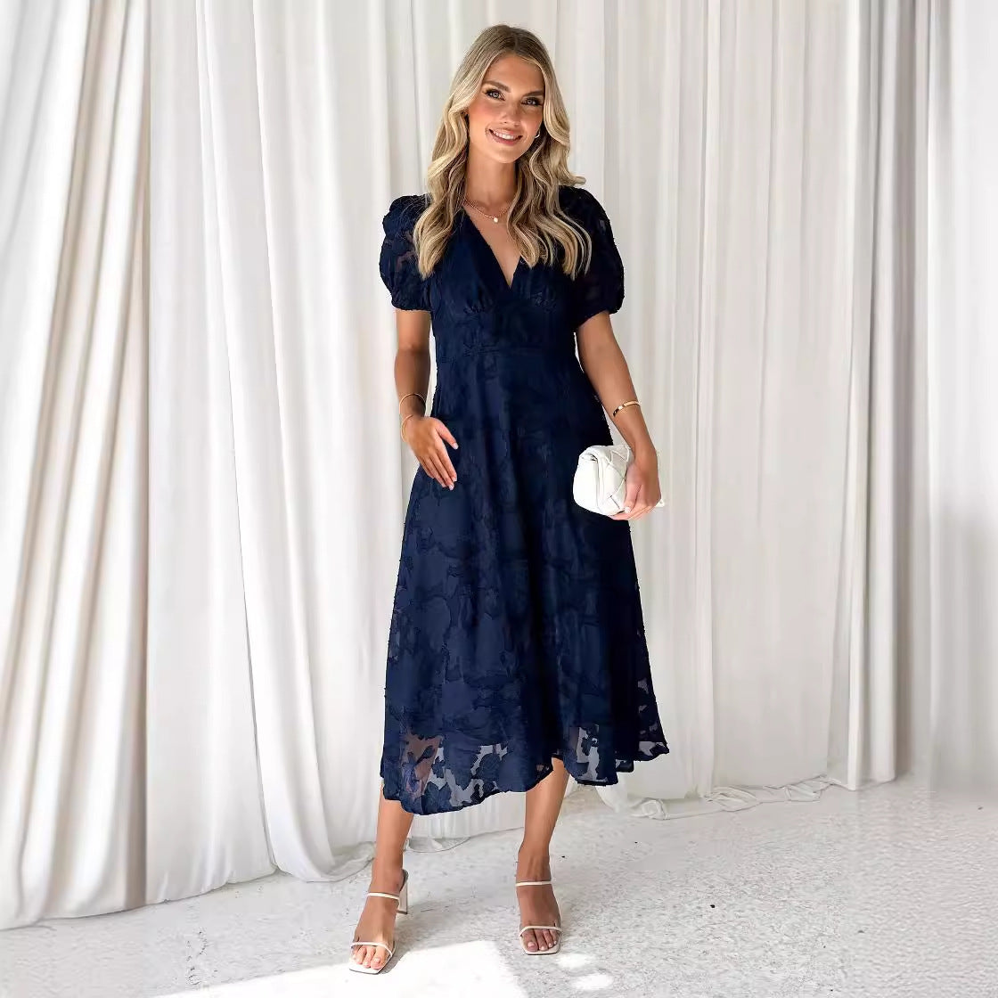 Damen Midi-Kleid mit grafischem Auschnitt und Puffärmeln R&B