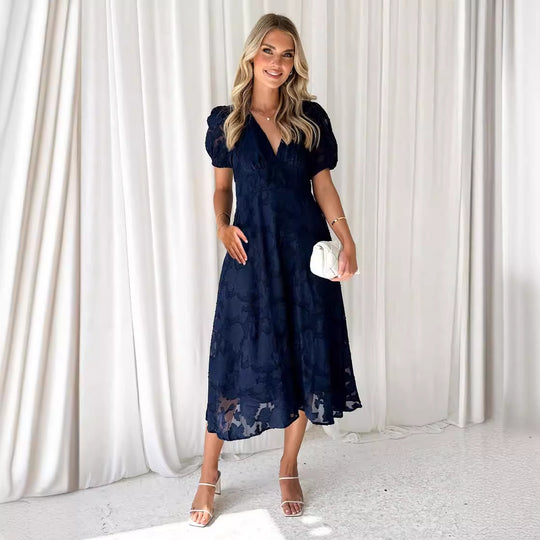 Damen Midi-Kleid mit grafischem Auschnitt und Puffärmeln R&B