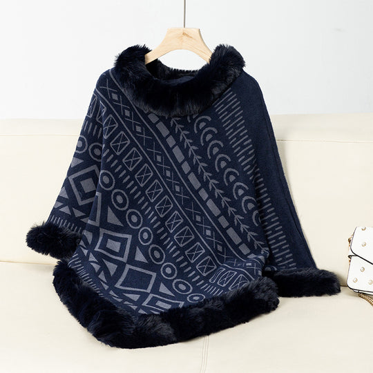 Damen modischer Poncho mit dekorativem Kunstfellkragen R&B