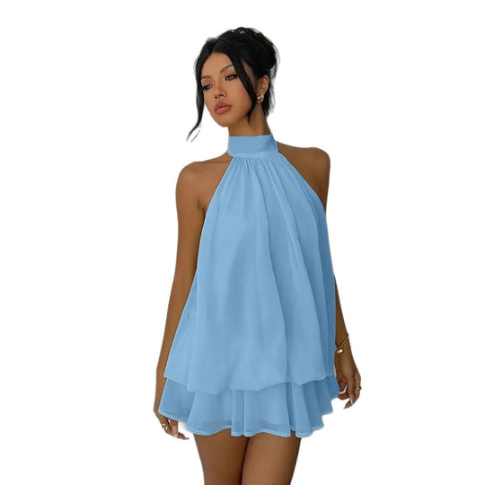Damen luftiges Wickelkleid mit elegantem Stehkragen und fließendem Saum R&B