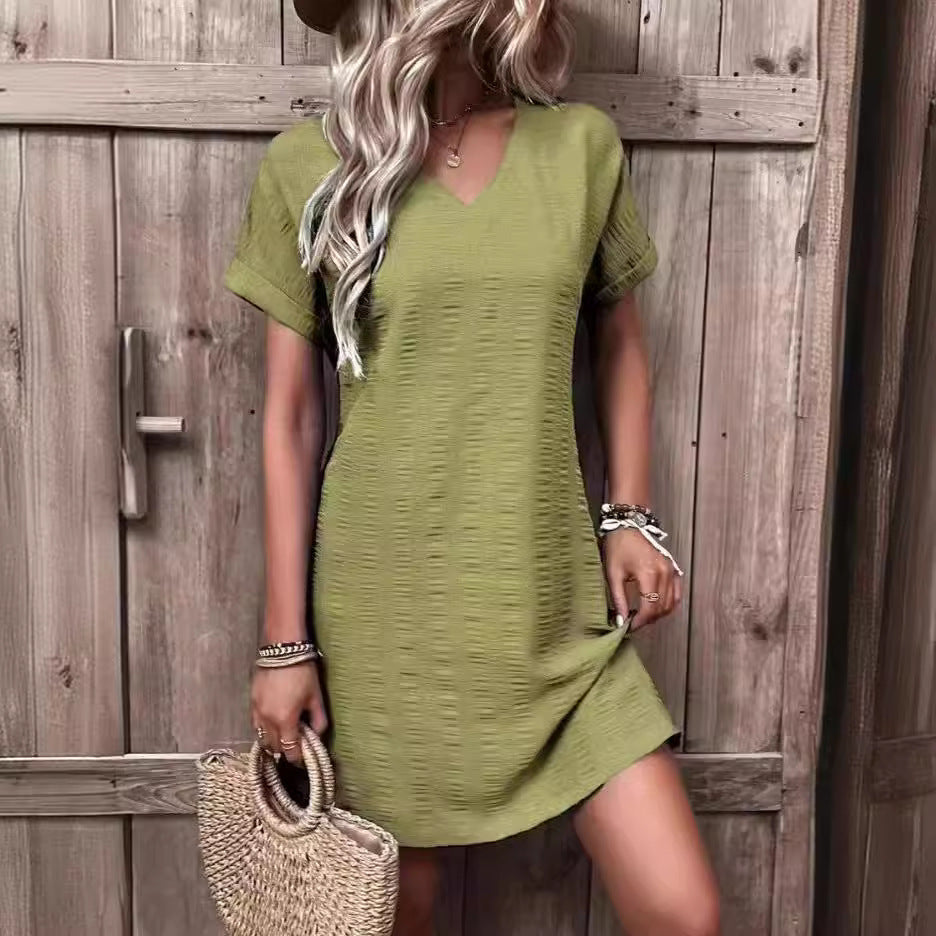 Damen V-ausschnitt Freizeitleinenkleid mit kurzen Ärmeln R&B