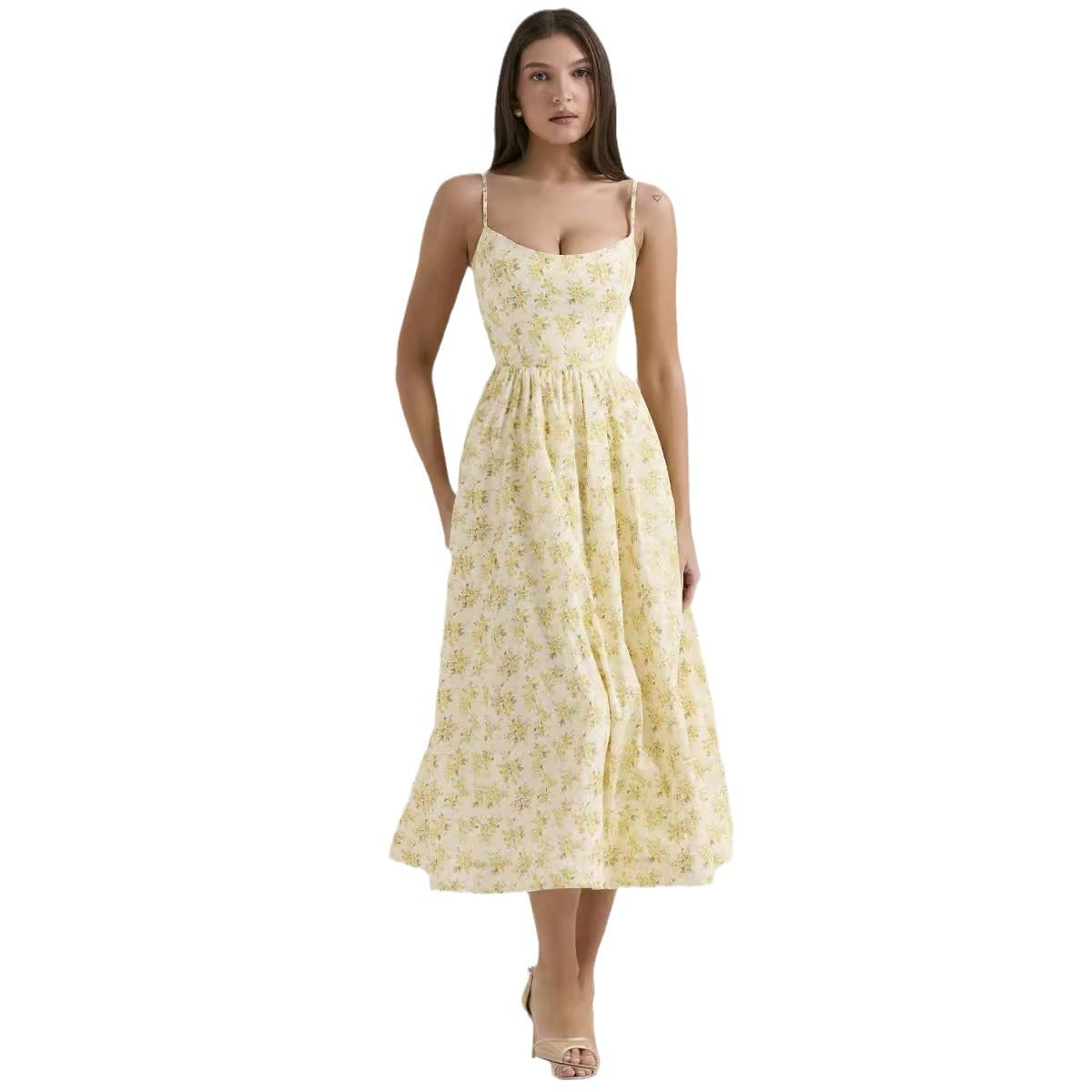 Damen Midi-Kleid mit elegantem Blumenmuster und zartem Taillenzug R&B