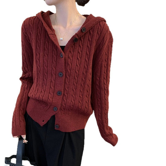 Damen Strickjacke mit Kapuze und Zopfmuster R&B