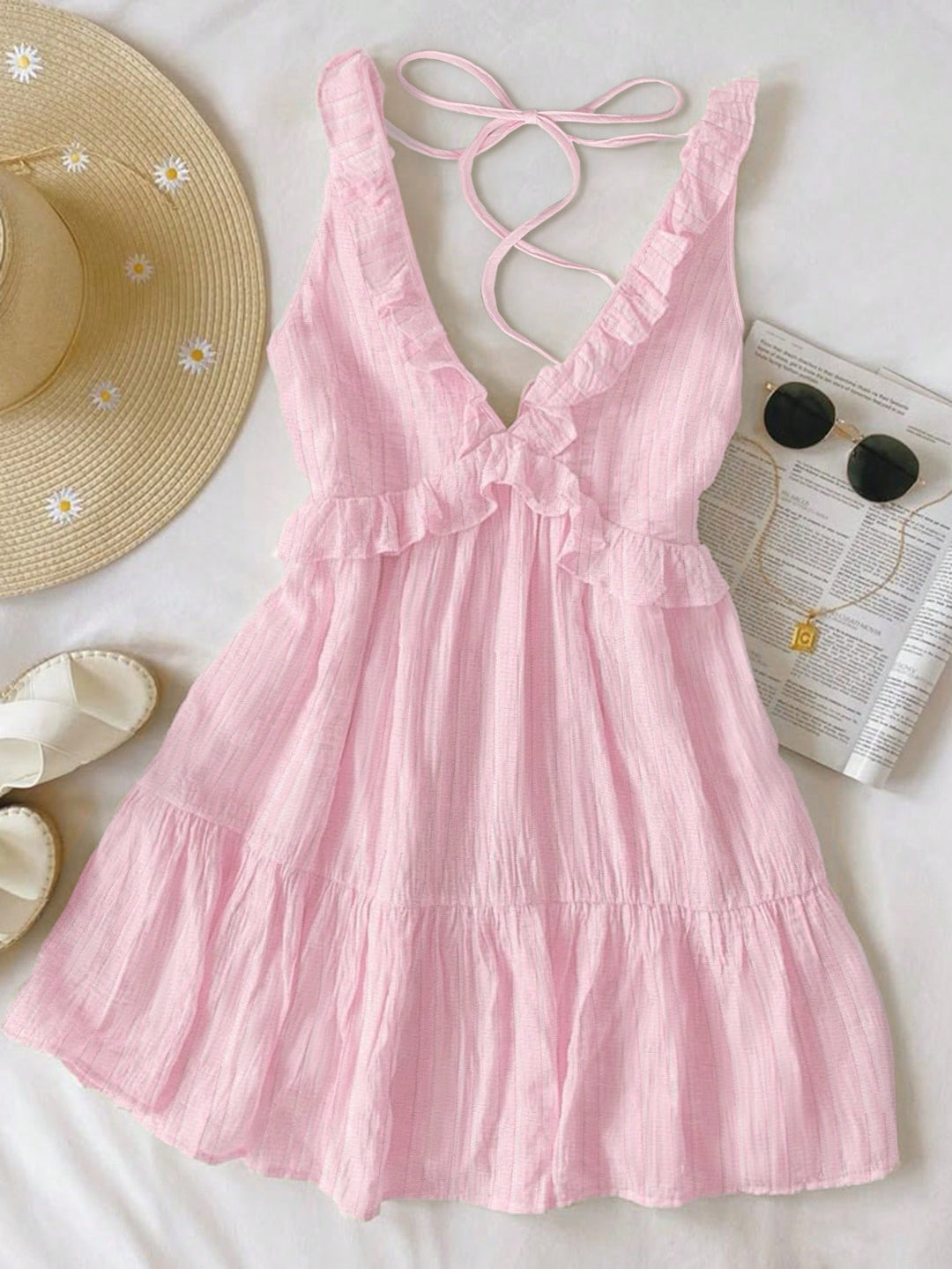 Damen luftiges Sommerkleid mit Volantdetails und verstellbarem Rückenschnürung R&B