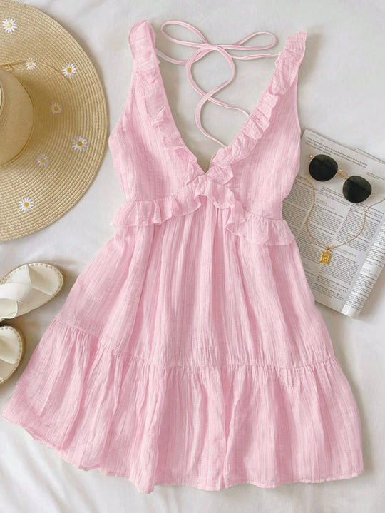 Damen luftiges Sommerkleid mit Volantdetails und verstellbarem Rückenschnürung R&B