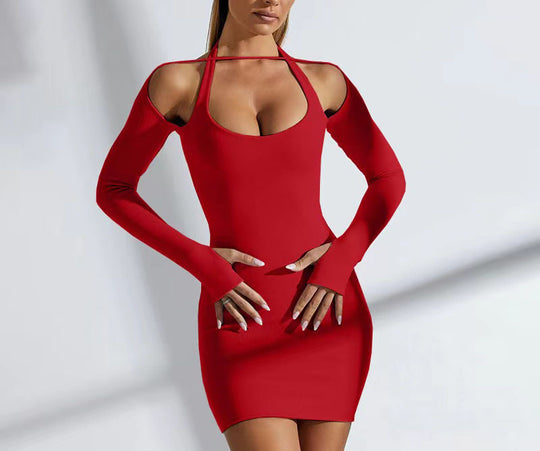 Damen Einseitig Offenes Mini-Kleid mit Langarm R&B