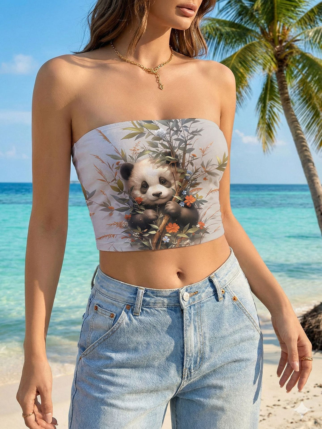 Damen Bandeau-Top mit floralem Vogelmotiv und elastischer Passform R&B