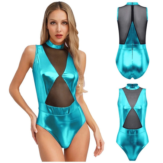 Damen Einteiler Badeanzug mit transparenten Einsätzen und schimmerndem Design R&B