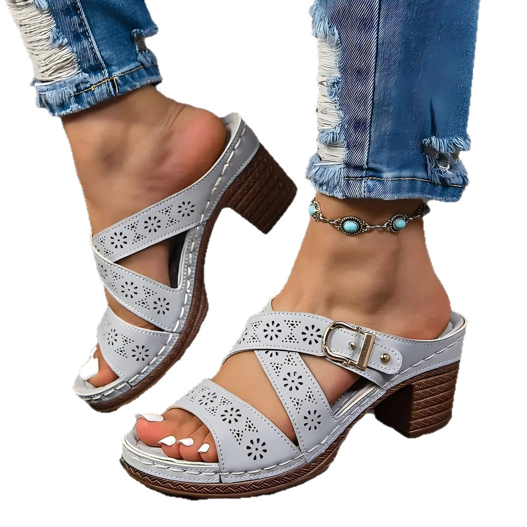 Damen offene Sandalen mit dekorativem Riemen und mittelhohem Absatz R&B