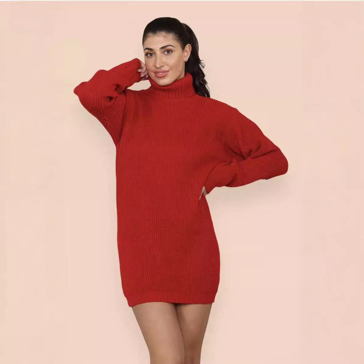 Damen Strickkleid mit hohem Kragen und relaxed Schnitt R&B
