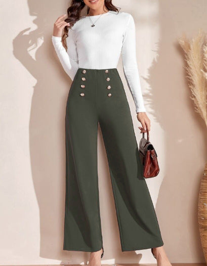 Damen Hochwaisted Weite Hose mit dekorativen Knöpfen R&B
