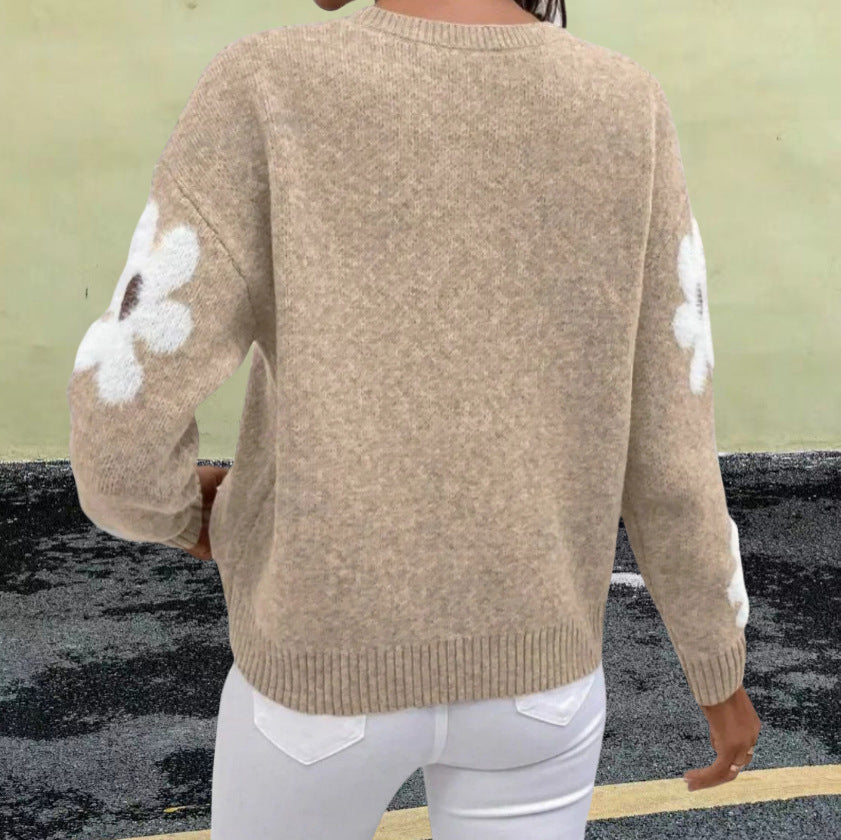 Damen Strickpullover mit floralem Muster und Rundhalsausschnitt R&B