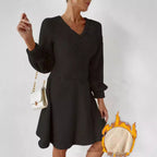 Damen fließendes V-Ausschnitt Kleid mit langen Ärmeln und weichem Fleece