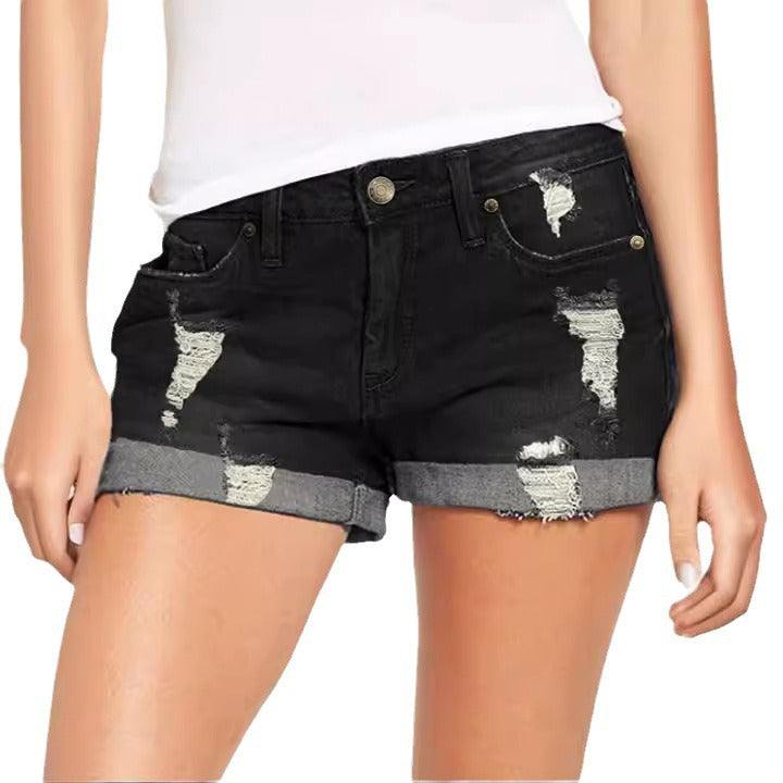 Damen modische Destroyed Denim-Shorts mit umgeschlagenem Saum R&B