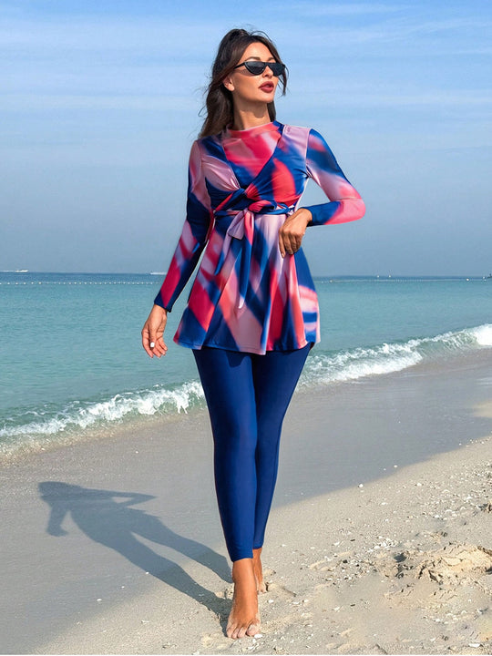 Damen modischer Strandanzug mit langen Ärmeln und femininem Wickeldetail R&B