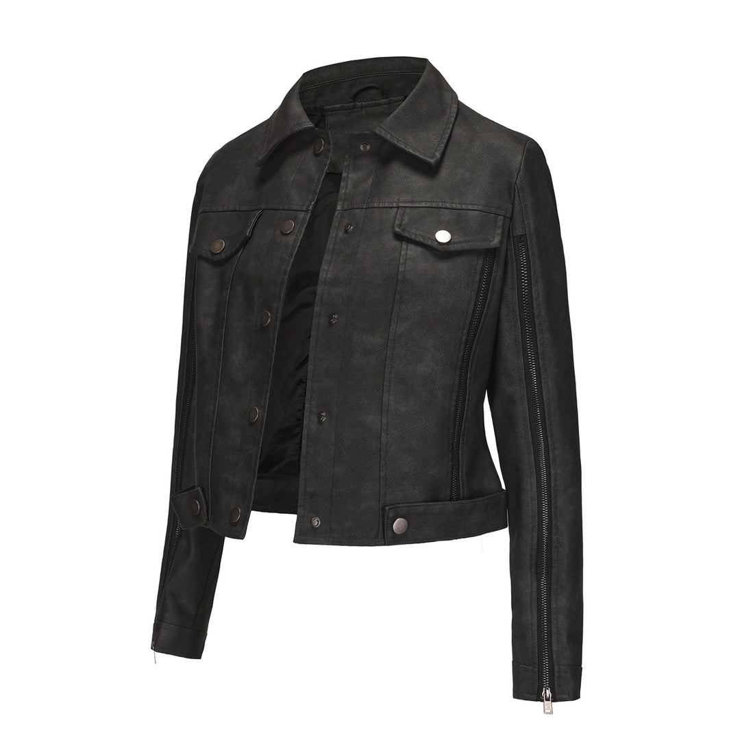 Damen modische Shortjacke aus Kunstleder mit Reißverschlussdetails R&B