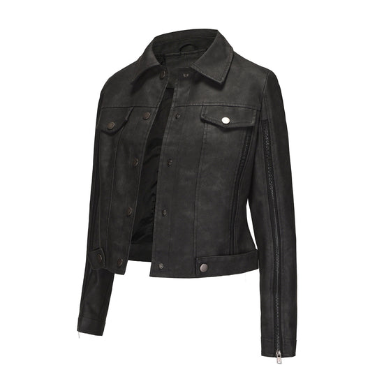 Damen modische Shortjacke aus Kunstleder mit Reißverschlussdetails R&B