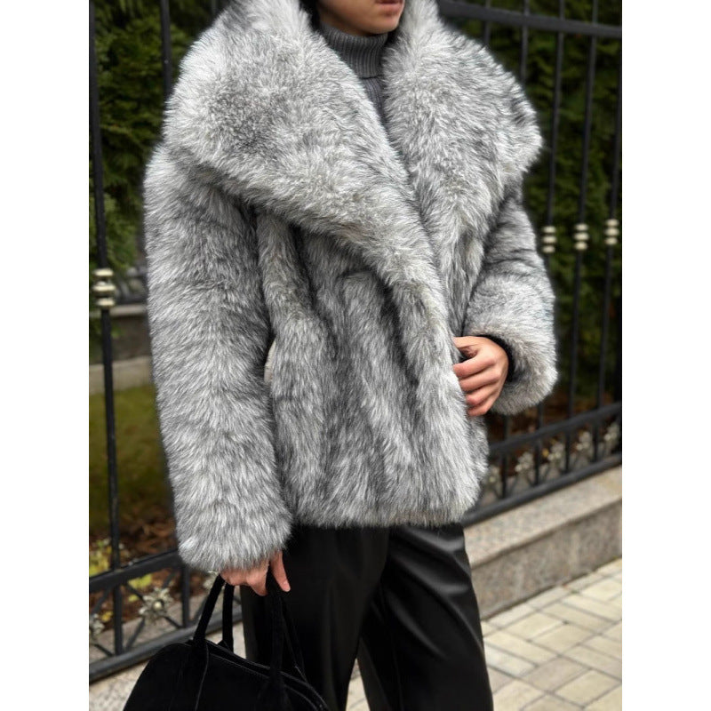 Damen Kunstpelzjacke mit voluminösem Kragen und lockerer Passform R&B